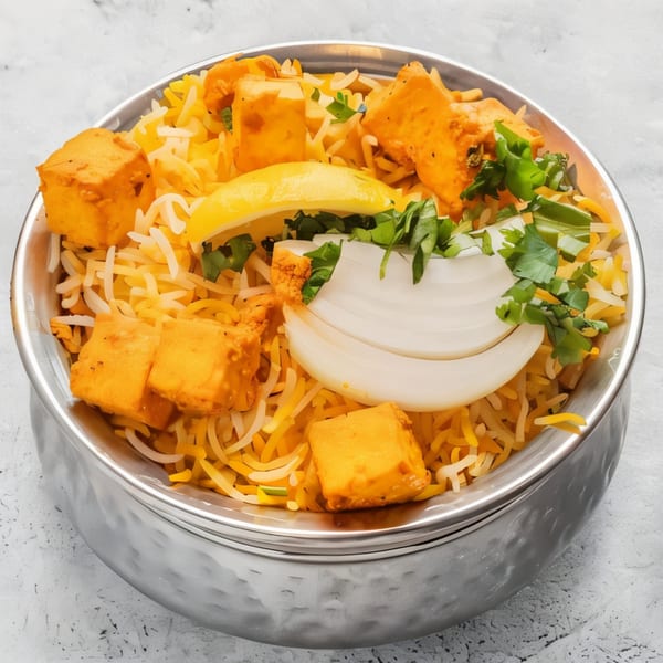 Kadai Indian Kitchen's Paneer Biryani, a vibrant dish with paneer, rice, lemon, and fresh herbs in a metal bowl.