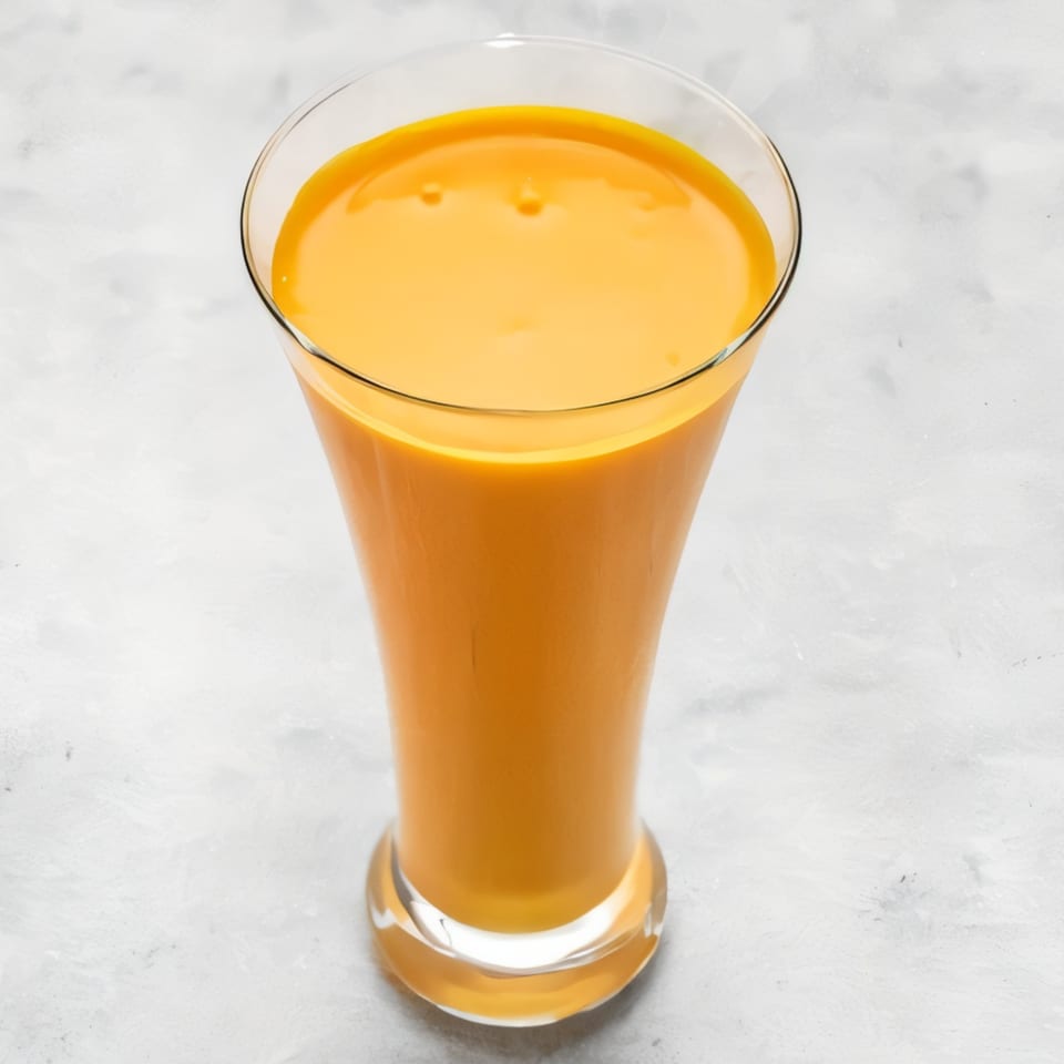 A tall glass of vibrant orange mango lassi, a traditional Indian drink, on a light background.