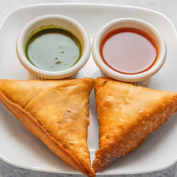Two golden-brown samosas with small bowls of green and red chutneys on a white plate.