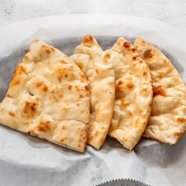 Four pieces of golden-brown naan bread, folded and served in a white paper-lined basket.