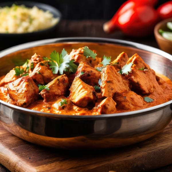 Kadai Indian Kitchen's chicken tikka masala, garnished with cilantro, in a metal serving bowl.