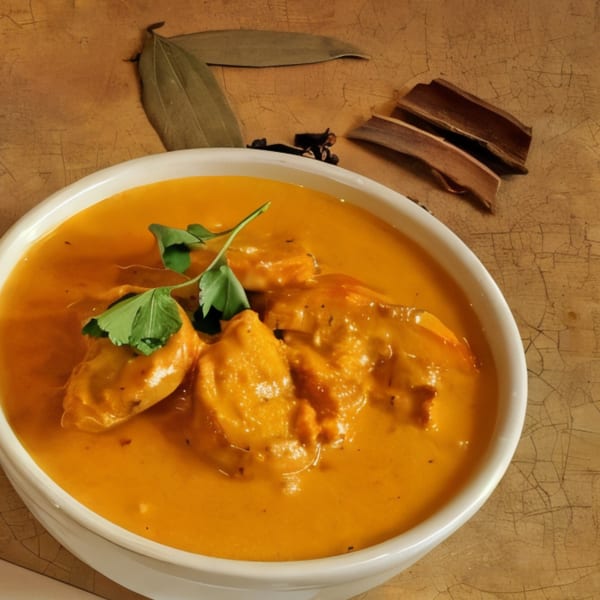 Kadai Indian Kitchen's butter chicken, garnished with cilantro, in a white bowl with spices.
